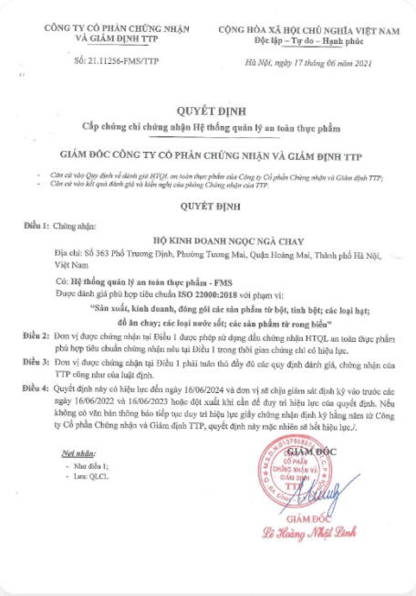 Chứng chỉ an toàn thực phẩm Chay Thiện Giác